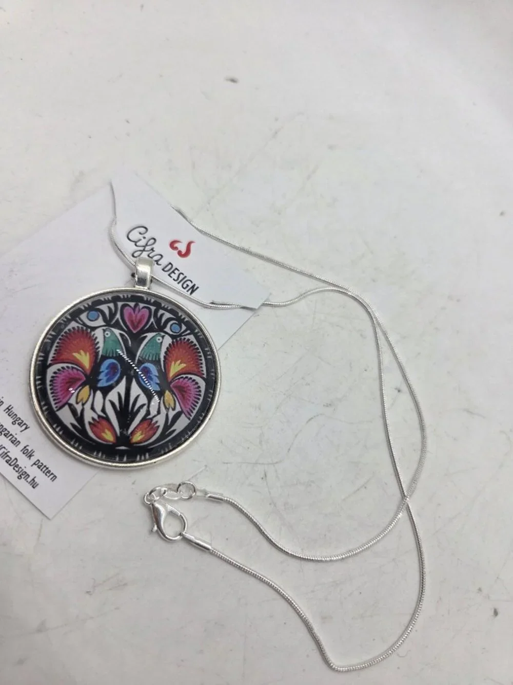 Folk Art Silver-Plated Pendant Necklace made In Hungary Floral Bird Design 18